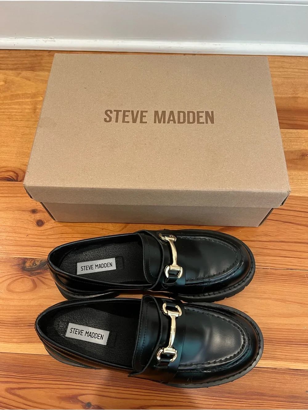 Steve Madden Lando Shoes Womens 8M Black Leather Chunky Lug Horsebit Loafers NEW